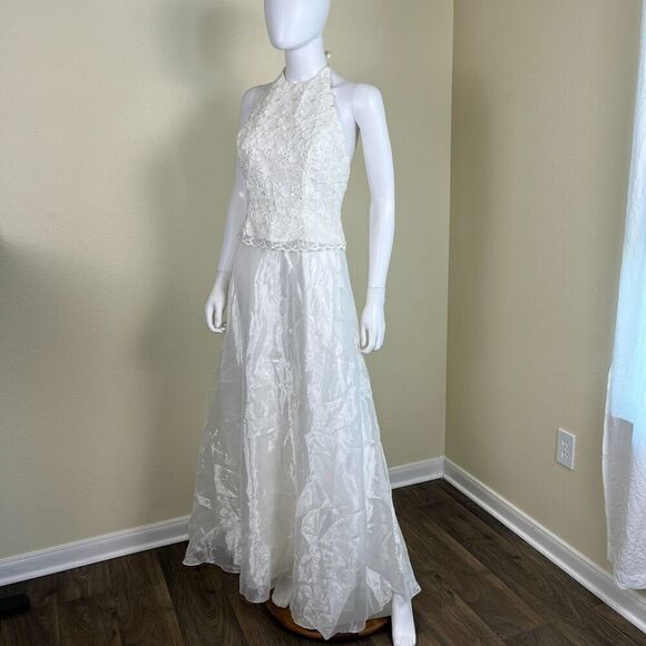 Vintage Jessica Mcclintock Bridal Women's Size 6 Ivory Floral Halter Maxi Dress - Picture 8 of 15